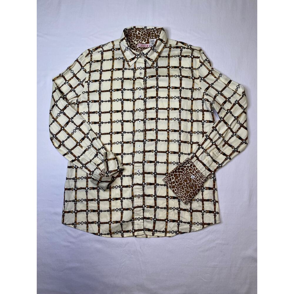 Tizzie Women's Large Bit Bridle Equestrian Horse Animal Print Button Down Top